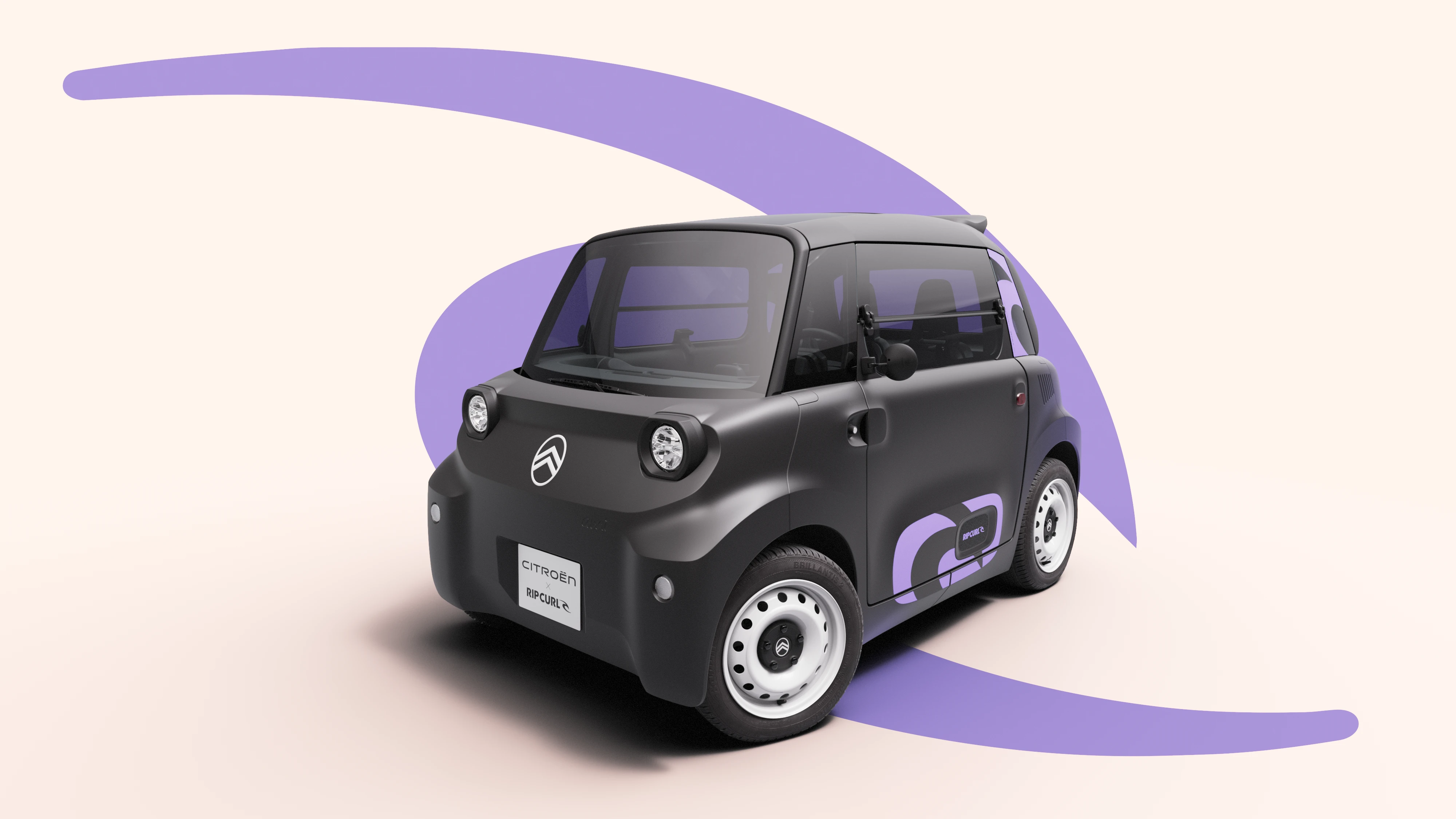 Dreiviertelansicht von vorne Citroën Ami x Rip Curl Elektrofahrzeug ohne Führerschein, Citroën Ami Kompaktwagen für urbane Elektromobilität