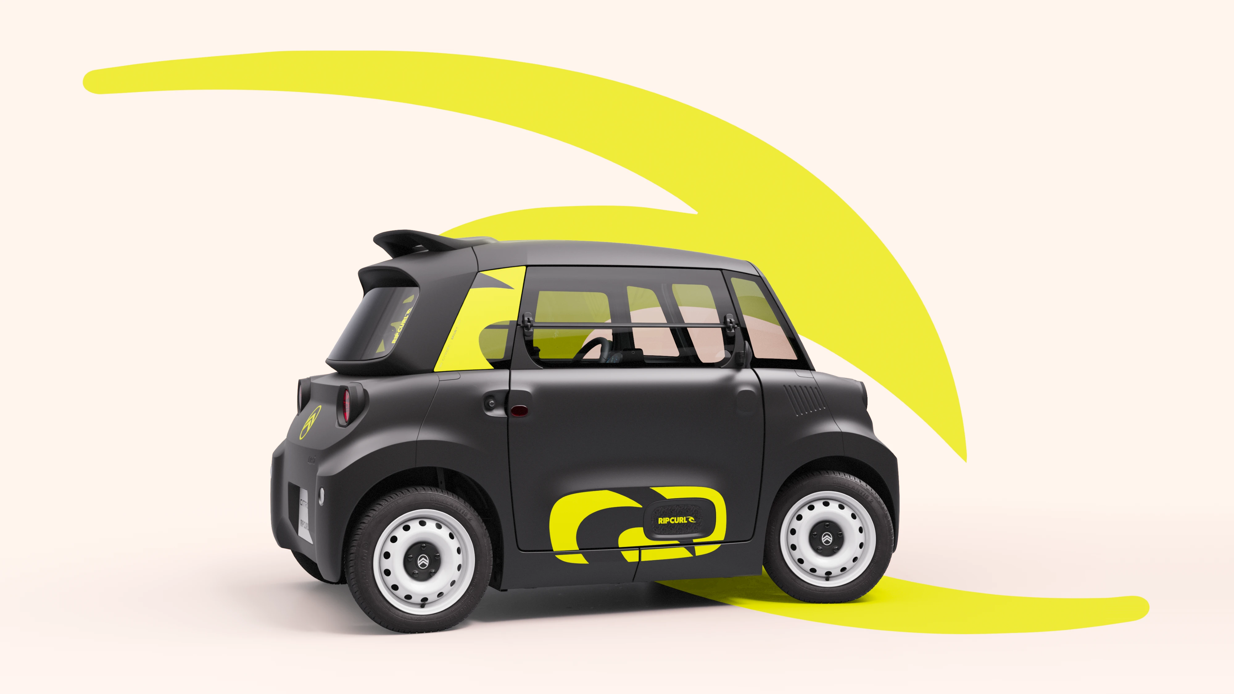 Seitenansicht Citroën Ami x Rip Curl Elektrofahrzeug ohne Führerschein, Citroën Ami Kompaktwagen für urbane Elektromobilität