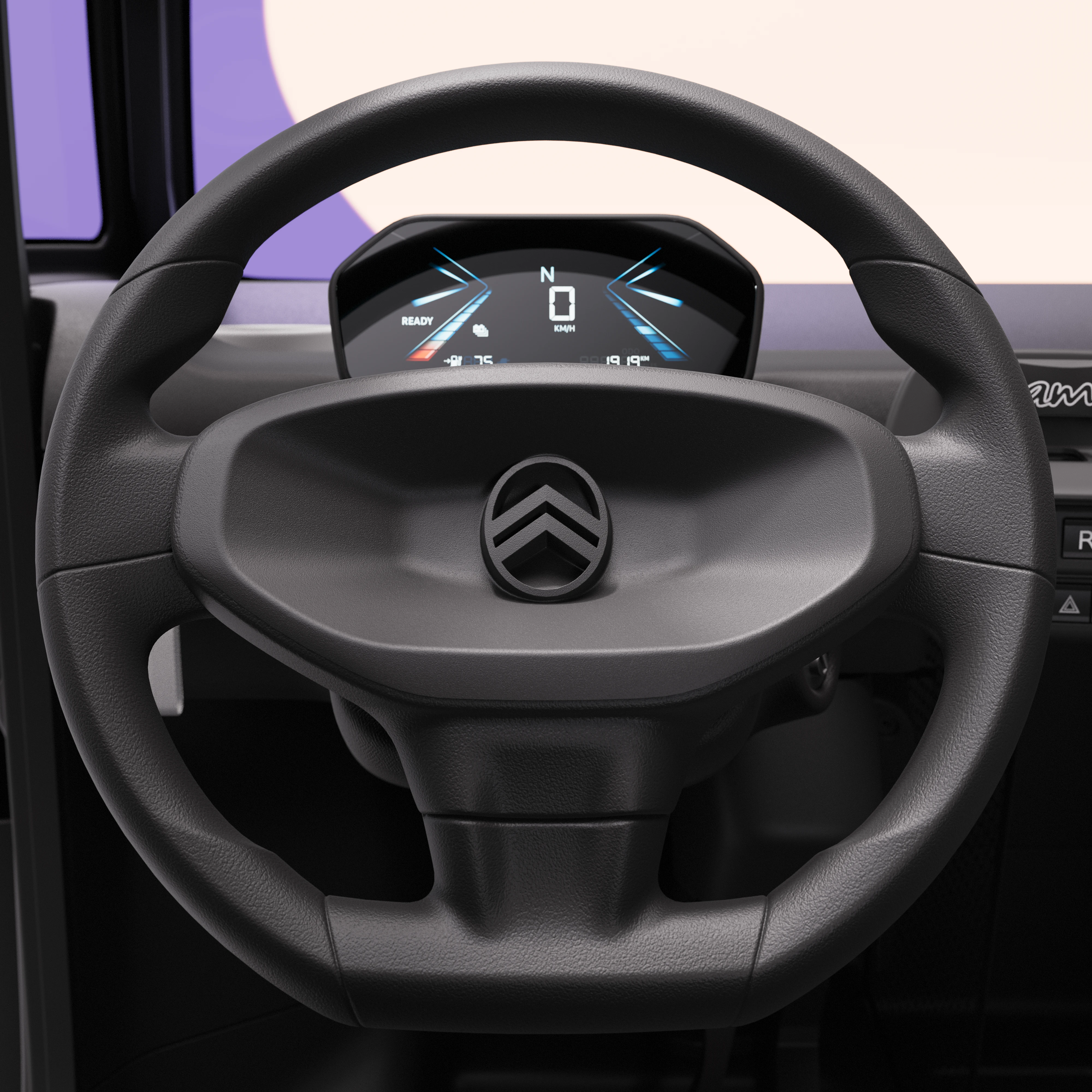 Close-up steering wheel view Citroën Ami x Rip Curl Elektrofahrzeug ohne Führerschein, Citroën Ami cockpit für urbane Elektromobilität