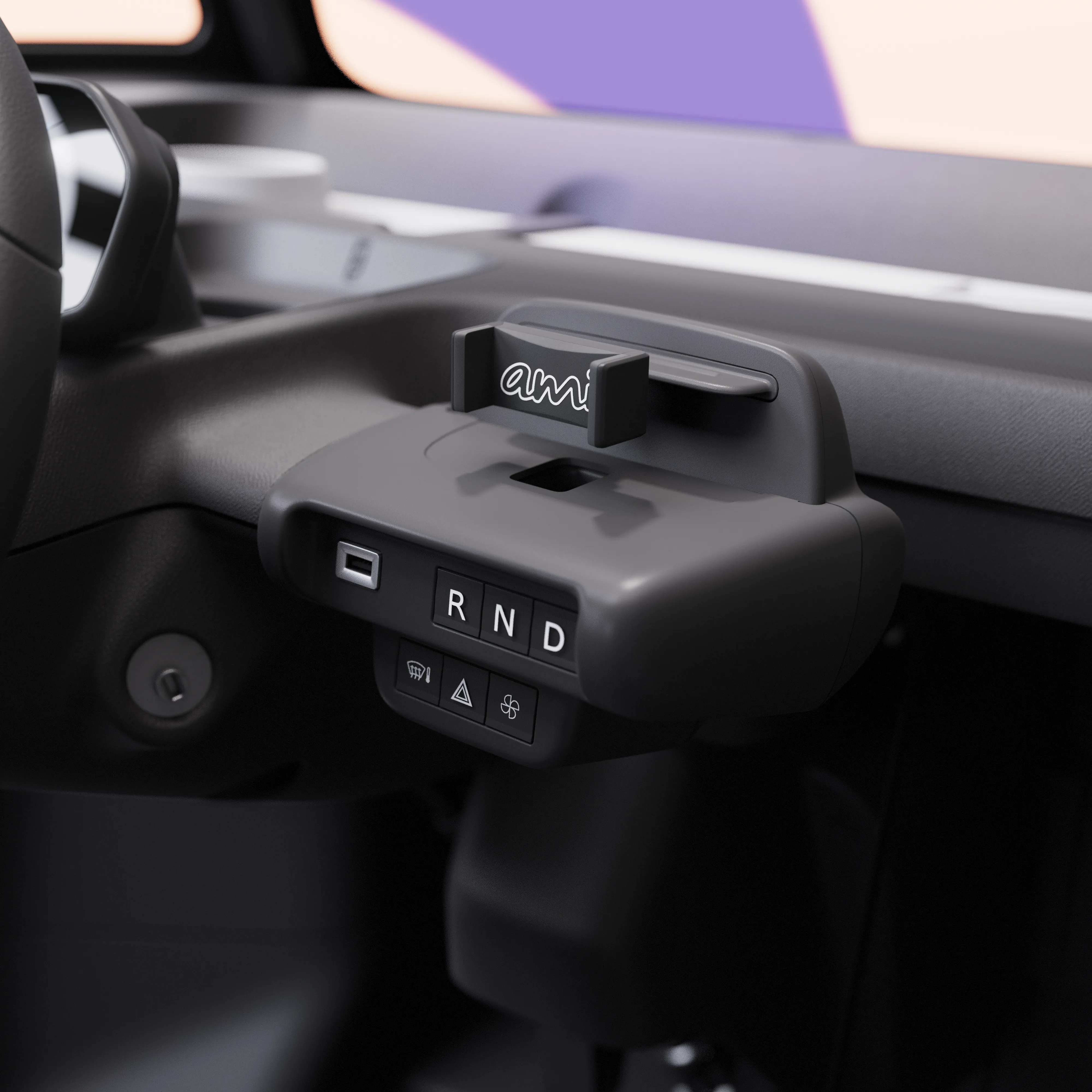 Close-up center console view Citroën Ami x Rip Curl Elektrofahrzeug ohne Führerschein, Citroën Ami simple controls für urbane Elektromobilität