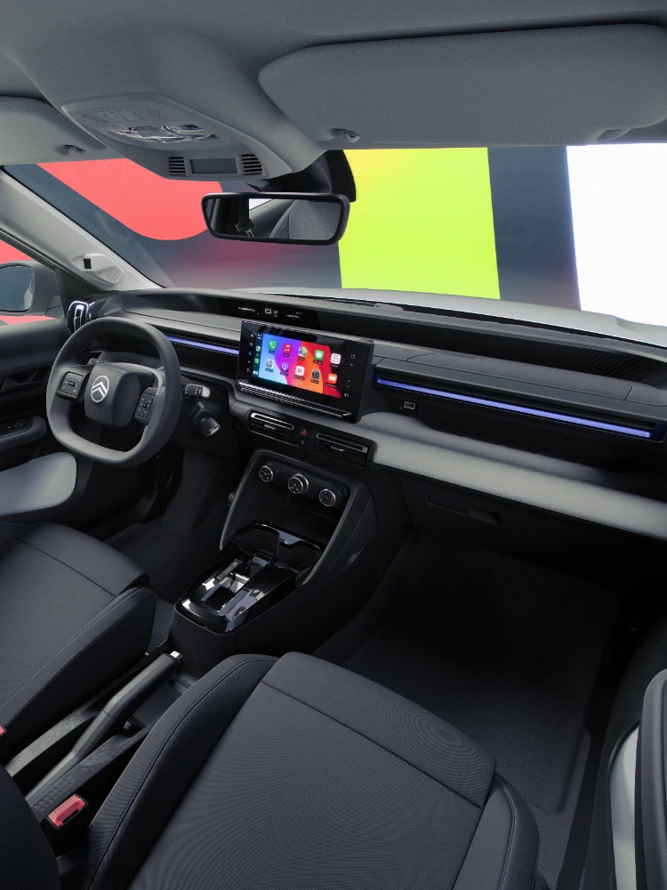 Innenraum-Cockpitansicht des Citroën ë-C3 TONIC Limited Edition Elektro-Stadtauto mit 10-Zoll-Touchscreen und Armaturenbrett, vernetztes E-Fahrzeug Alternative